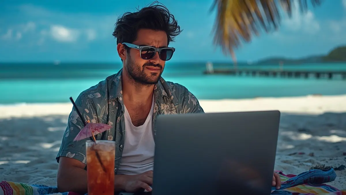 Недовольный мужчина работает в отпуске