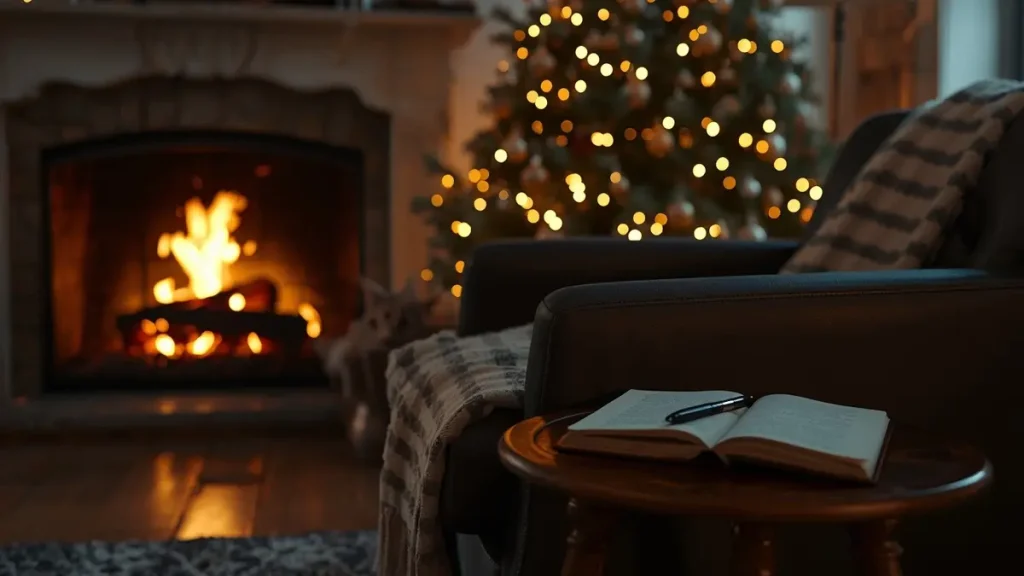 новогодняя елка у камина и кресло с блокнотом